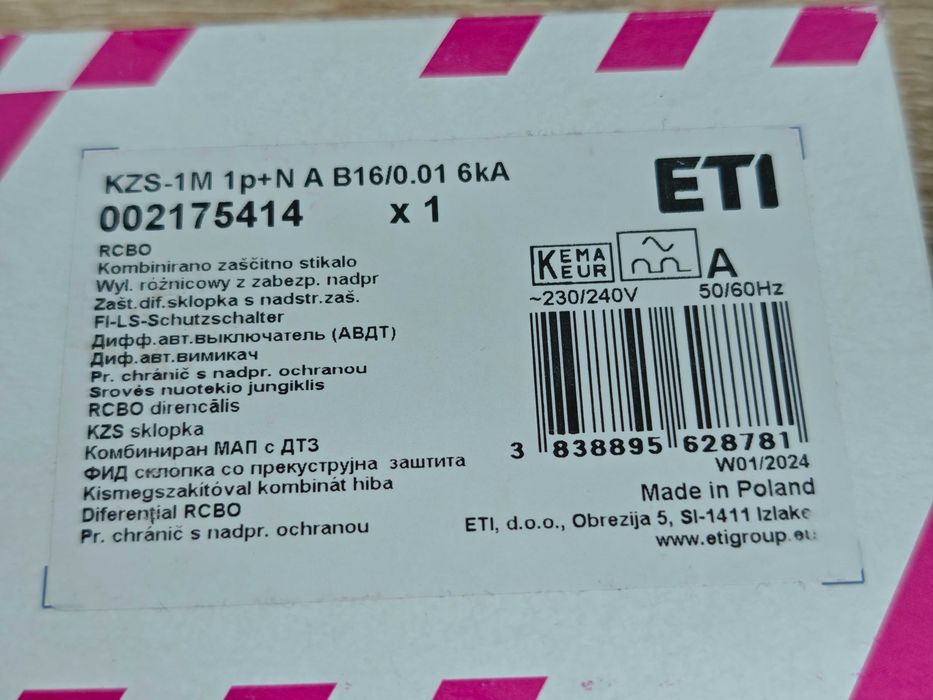 Disjunctor cu protecție diferențială (RCBO) KZS-1M 1p+N A B16/0.01 6kA