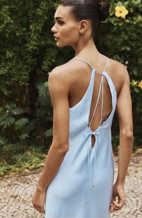 Zara rochie midi lunga baby blue satin spate decupat v