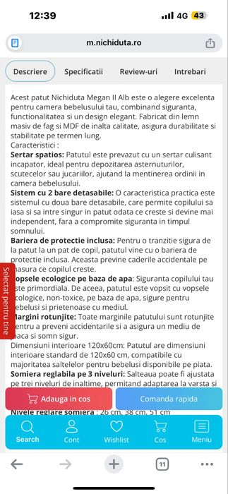 Pătuț +saltea bebe 0-4 ani