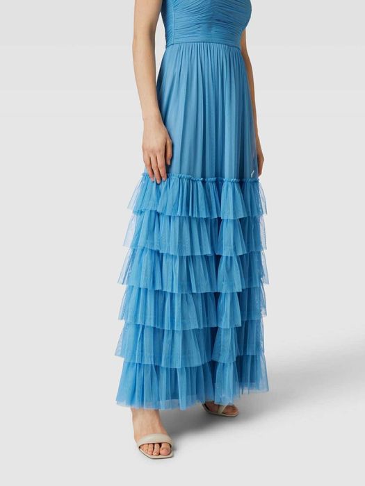 Официална дълга рокля тюлена с тюл синя lace&beads