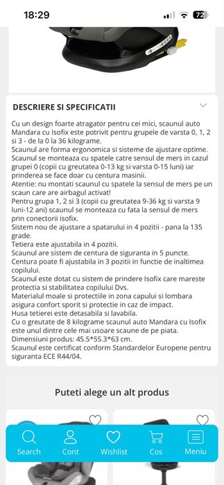 Vand scaun auto 0-36 kg cu sistem isofix