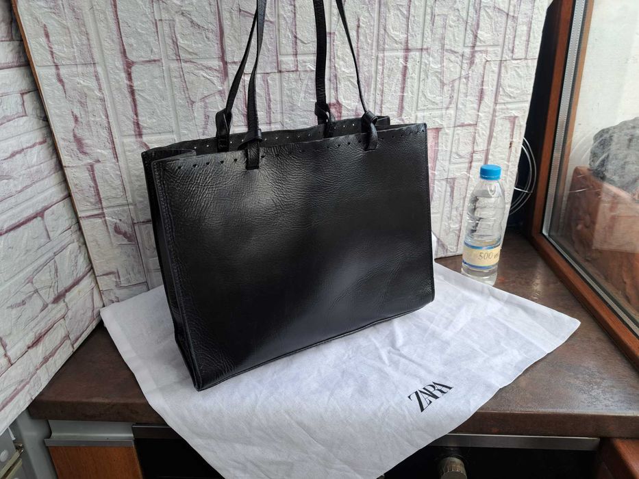 дамска чанта ZARA,черна кожена чанта,зара-естесвена кожа