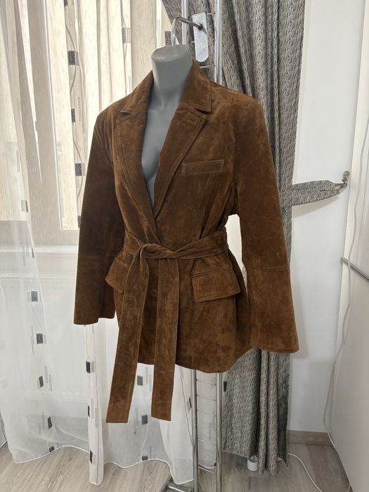 Sacou Zara Leather Collection din piele naturală întoarsă, nou, XS-S, camel cognac