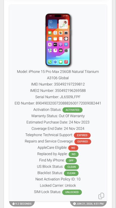 iPhone 15 Pro Max 256GB 87% Natural Titanium Neverlocked