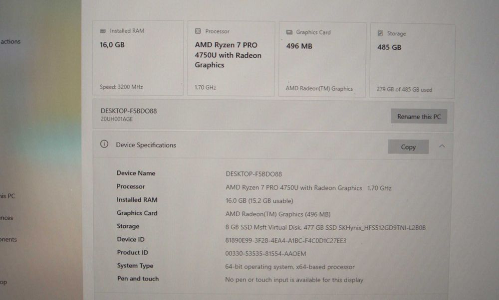 Laptop Lenovo ThinkPad T14S Gen 1 Ryzen 7 4750u/16GB DDR4/512 SSD