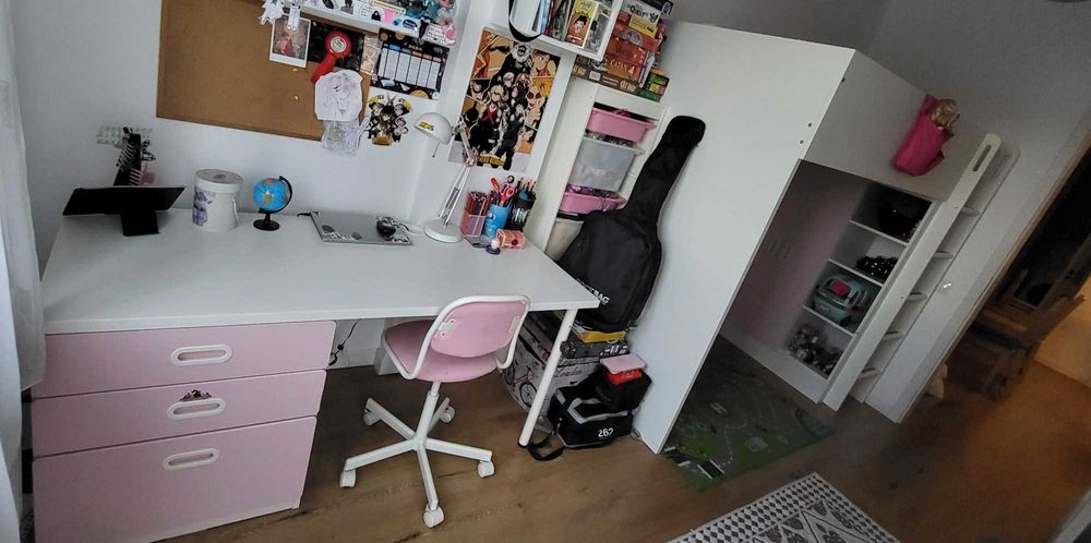 Vand Pat supraetajat, alb roz+birou+4 sertare, 90x200 cm IKEA+Saltea