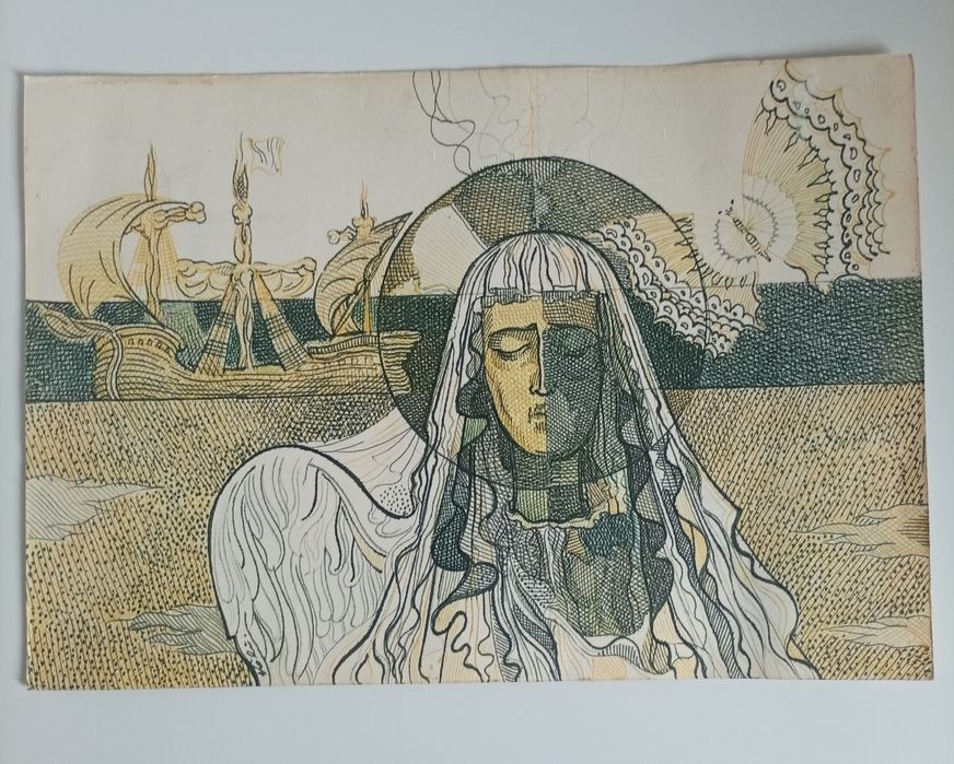 Tuș pe carton,artist Gheorghe Valeanu