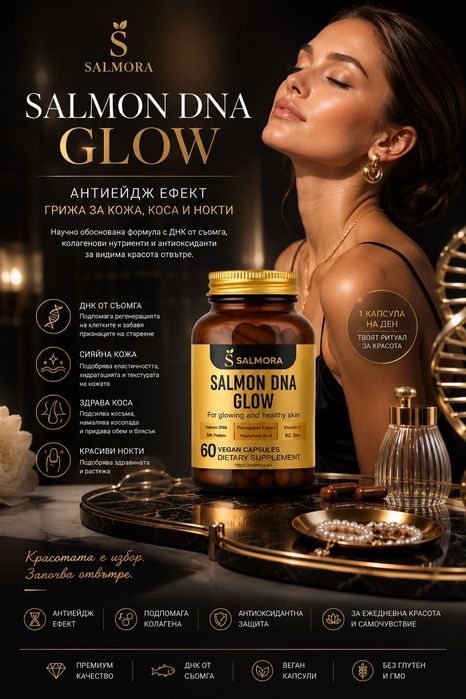 Хранителна добавка за сияйна кожа, коса и нокти Salmon DNA Glow, АНТИЕЙДЖ ефект с ДНК от сьомга