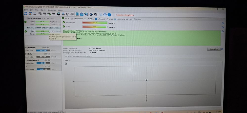 SSD 2.5" Samsung 850 EVO 250GB SATA III – DRAM Cache, Sănătate 96%