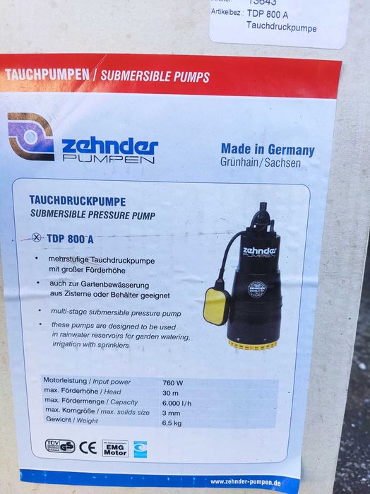 Дренажна помпа Zehnder, TDP-800A - не е използвана, мостра престояла на склад, реф № 07