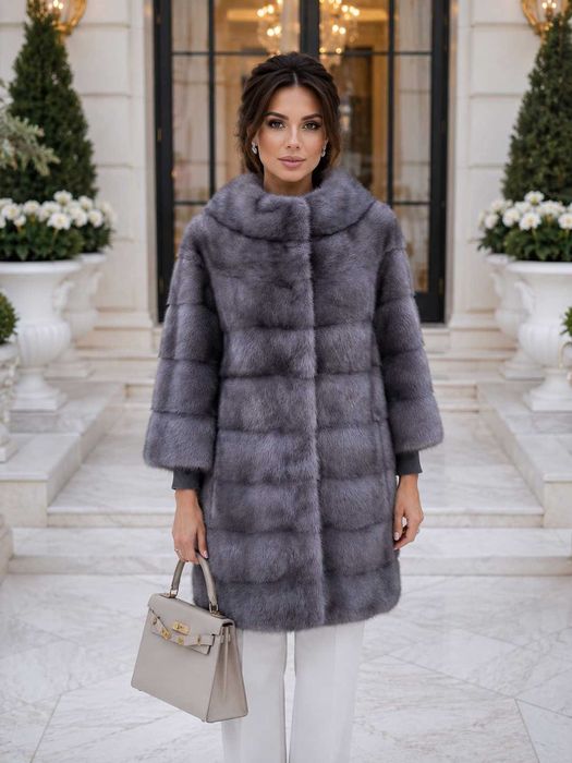 Haină de Nurcă Naturală Premium , Vizon , Blană de Lux , Culoare Exclusivă Gri , Mărime L–XL