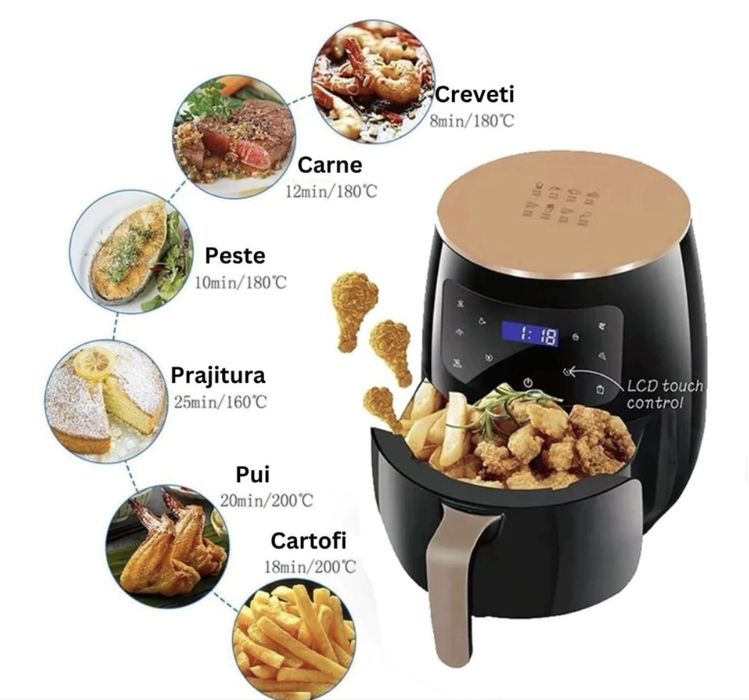 Friteuza cu aer cald Air Fryer,Display Digital pentru familie Functie de Coacere 6L