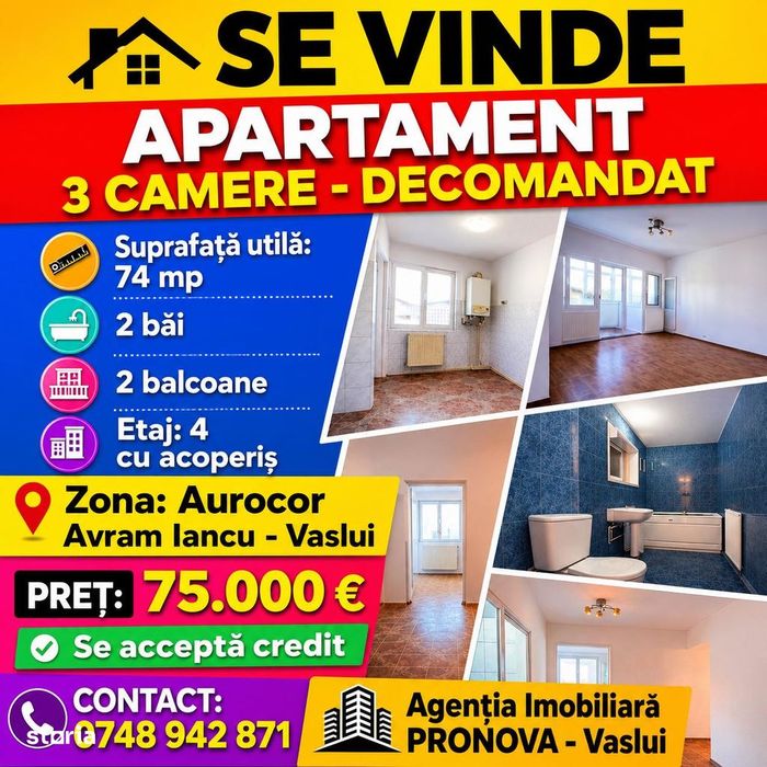 Apartament cu 3 camere, balcon și incălzire centrală