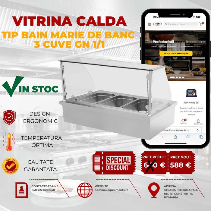 Vitrina Calda De Banc Inox (BAIN MARIE) 2,3,4,5,6 Cuve PE STOC