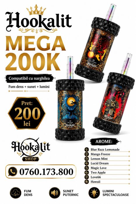 Narghilea / Vape-uri / Țigări electronice / E-shisha -  HOOKALIT MEGA 200K, COMPATIBIL CU NARGHILEAU CLASICĂ