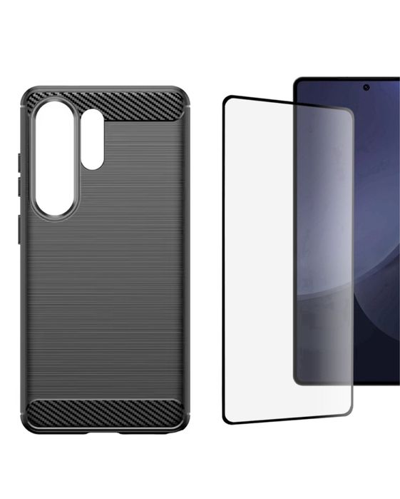 Samsung S24 S25 S26 PLUS ULTRA Husa Tpu Carbon Thin Line Neagra + Folie Sticla Full Edge