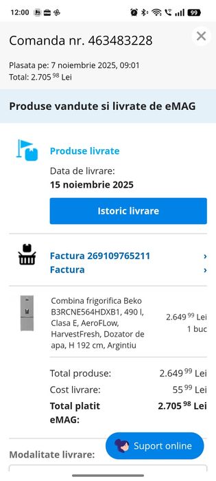 Vând Combina frigorifica Beko, cumpărată în luna noiembrie 2025,cu certificat de garanție valabil.Cu verificare și ridicare personală de la domiciliu.