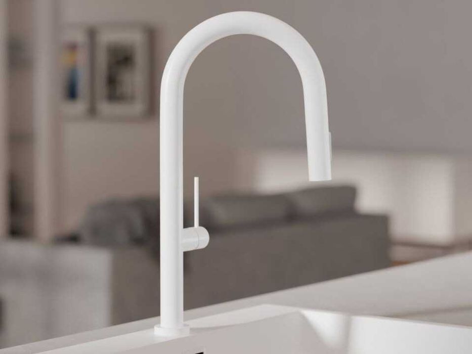 Бял смесител за кухня с изтегляща глава, 2 режима на струя - 9020