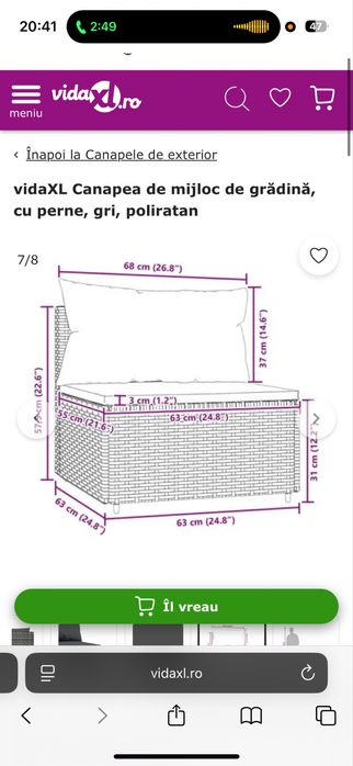 vidaXL Canapea/mobilier de grădină, cu perne, gri, poliratan