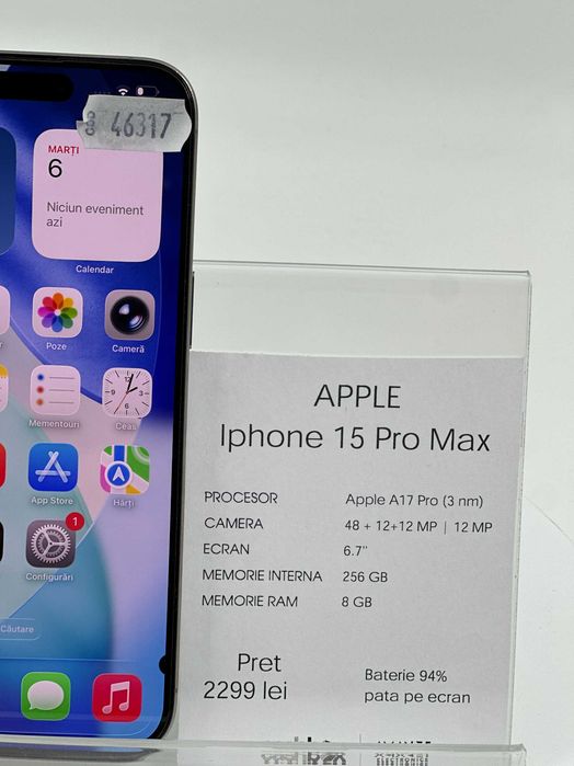 Iphone 15 PRO MAX 256GB Baterie 94% Garantie 24 luni Cashbox