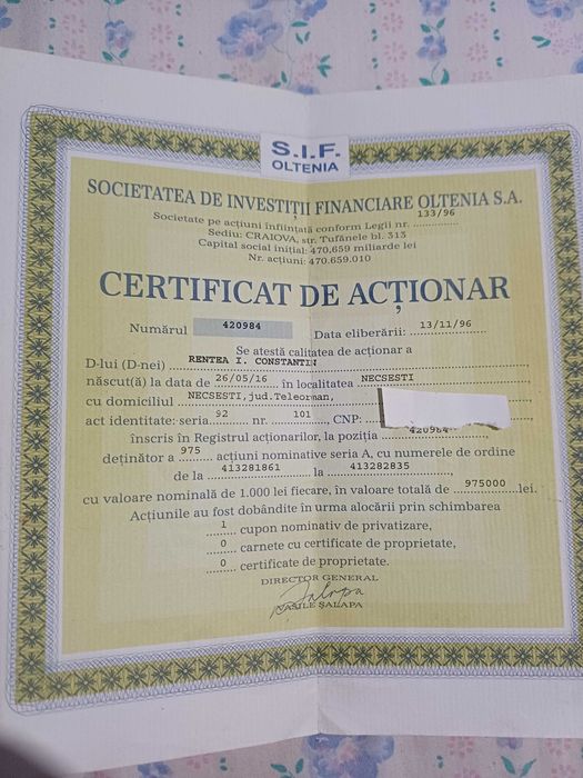 Vand certificat de actionar