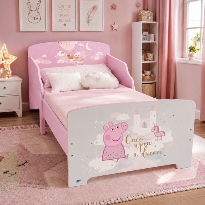 Детско легло Peppa Pig 140x70 см с ламелна основа – Розово легло с Пепа Пиг, замък и еднорог