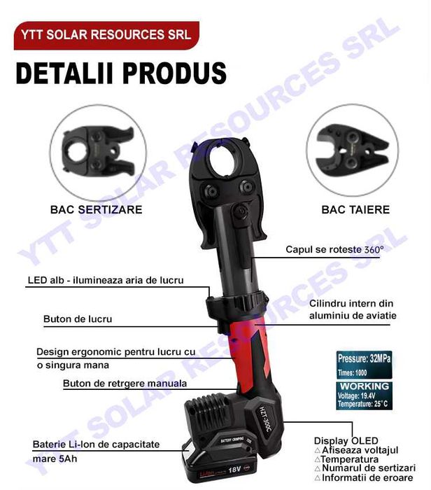 masina sertizat 3 in 1, 2 baterii 5Ah, bacuri TH U V M, cabluri CU/AL