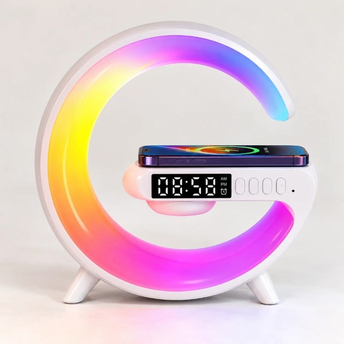 Мултифункционална LED смарт лампа 6 в 1 с Bluetooth колонка, RGB осветление, будилник и безжично зареждане 10 W