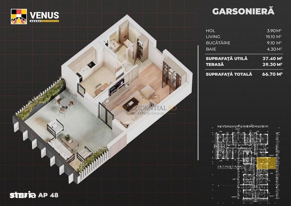 Garsoniera langa metrou Aparatorii Patriei, terasa 30 mp, imobil nou