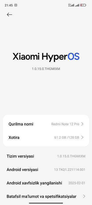 Redmi not 12 pro ideal 8/128 xotira