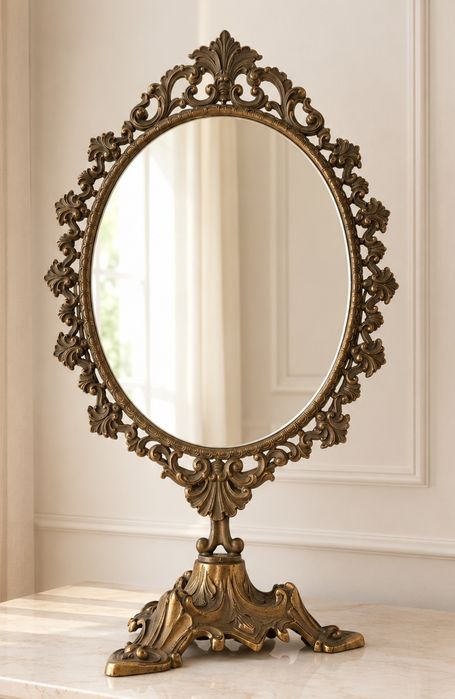 Eleganta oglinda de masa de dimensiuni mari din bronz masiv, in stilul francez Louis,piesa cu o lucrătură de o foarte mare finețe