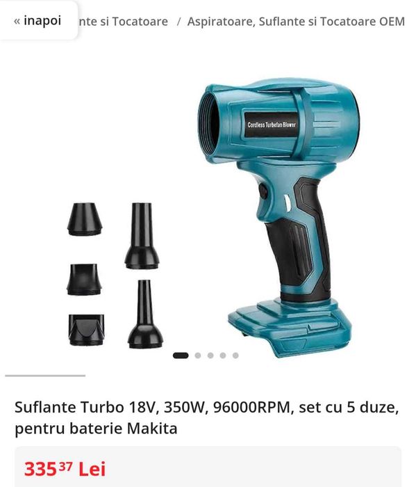 Suflantă electrică compatibilă cu baterii Makita 18V, cu 5 duze – 250W