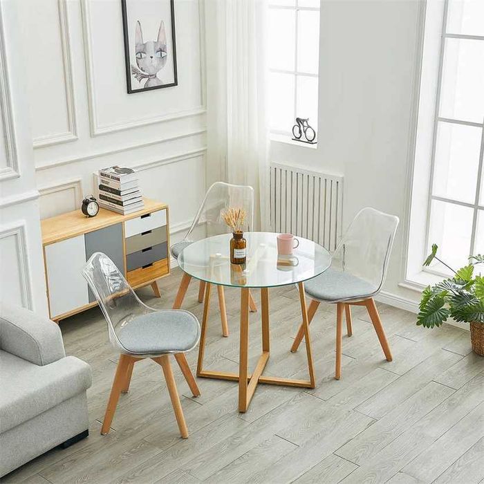 Кръгла стъклена трапезна маса с метални крака 80*80*75 см - Стъкло