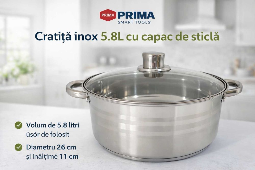 Cratita inox 5.8 litri cu capac de sticla pentru gatit zilnic