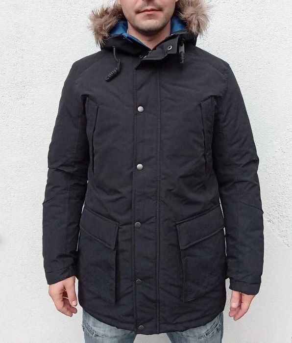 Мъжко зимно яке Jack and Jones дълго палто, с качулка размер S черно