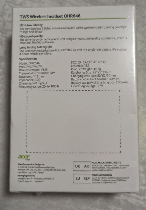 Безжични блутут слушалки,Acer OHR646, 12евро