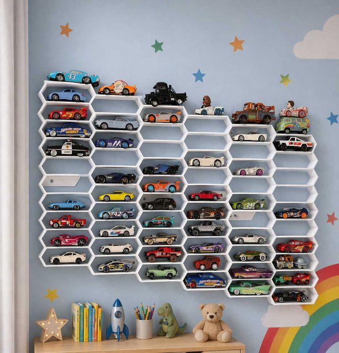 Raft / display 10 mașinuțe 1:64 (Hot Wheels) – model hexagonal, cu prindere pe perete