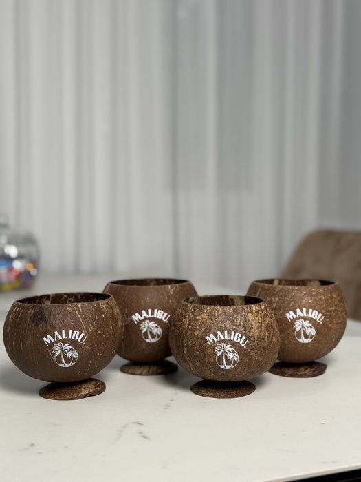 Set 4 pahare Tiki din coajă de cocos – Malibu Rum (noi)