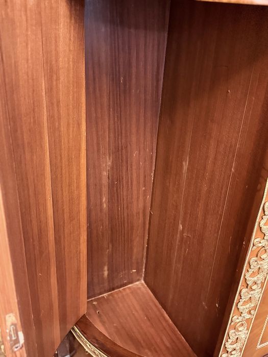Comodă semicirculară de lux / Consolă intarsiată cu blat de marmură verde și bronz