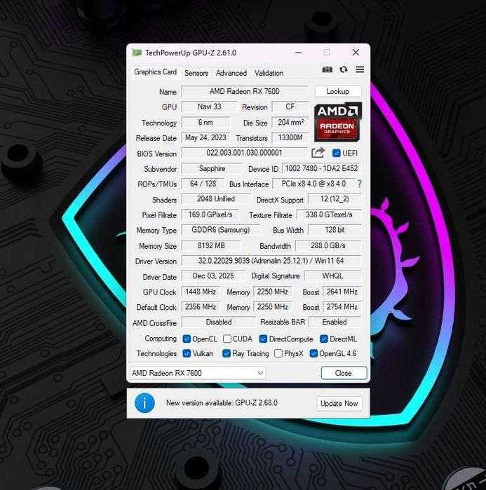 Placa video Sapphire Radeon RX 7600 Pulse 8 GB | GARANTIE EMAG