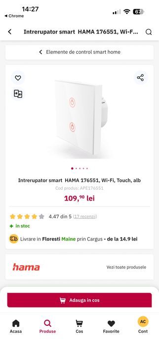 Intrerupator smart  HAMA 176551, Wi-Fi, Touch, alb