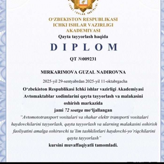 Малакали авто инструктор аеллар учун