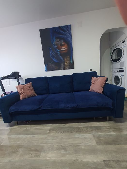 Canapea catifea extensibila 3 locuri albastru royal 220 x 100cm