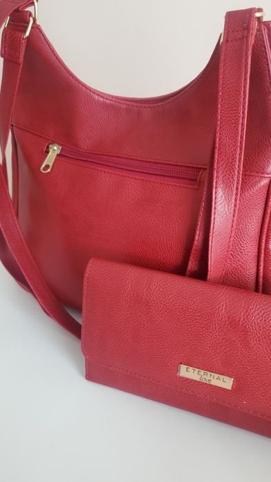 Червена кожена чанта+портмоне