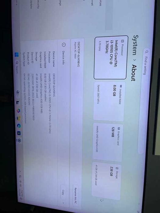 Acer  i3 10105 gen 10 cu uhd630 8 gb ram si ssd 256gb