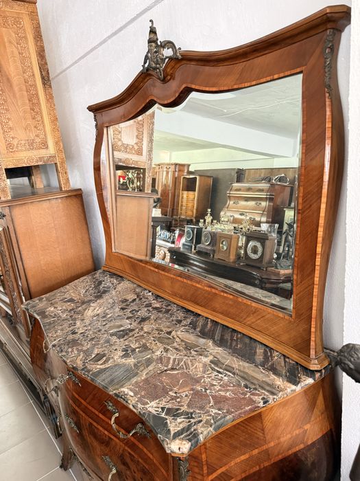Mobila Vintage Set Comoda Oglinda 2 Noptiere Lemn Masiv Marmura Intarsii Antic