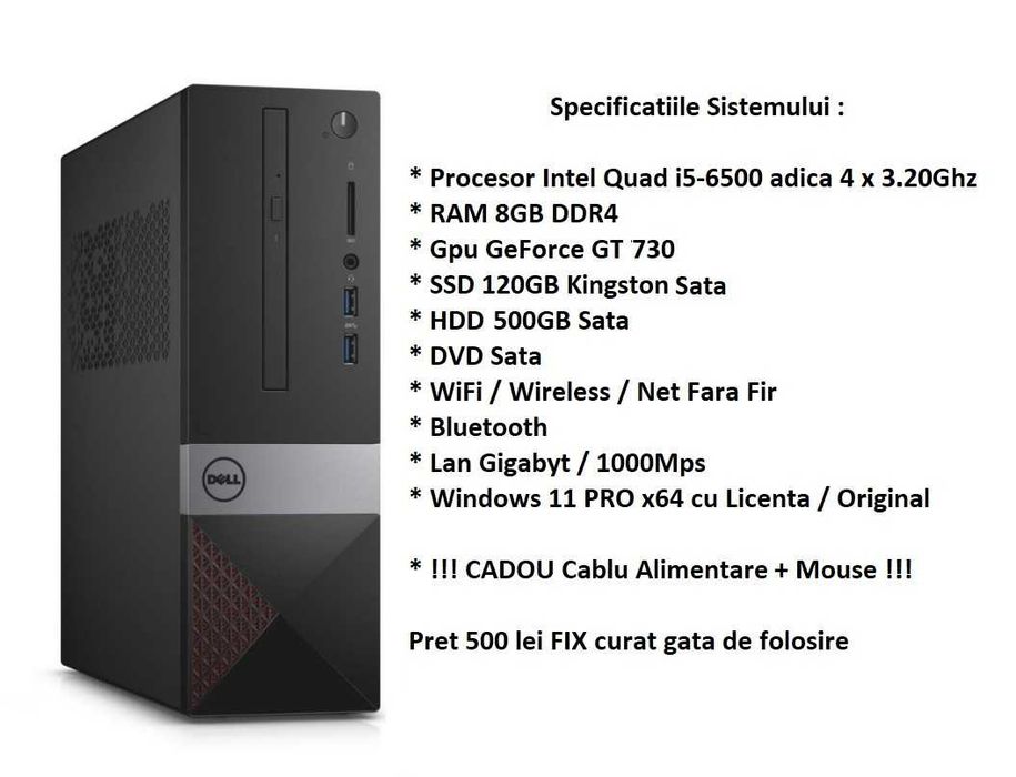 PC GAMING i5-6500/8GB DDR4/SSD+HDD/GT730/WiFi+BT/W11 500lei