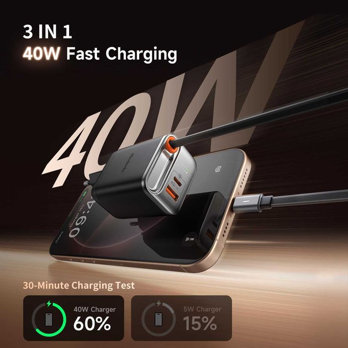 Бързо GaN зарядно Mcdodo 40W с прибиращ се кабел (Ново)