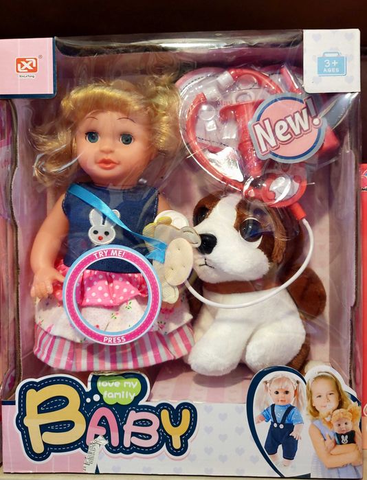 Кукла говори, пее с плюшено куче и лекарски комплект