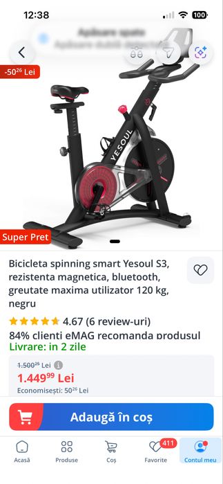 Bicicleta Spinning smart Yesoul S3 greutate max. 120 kg